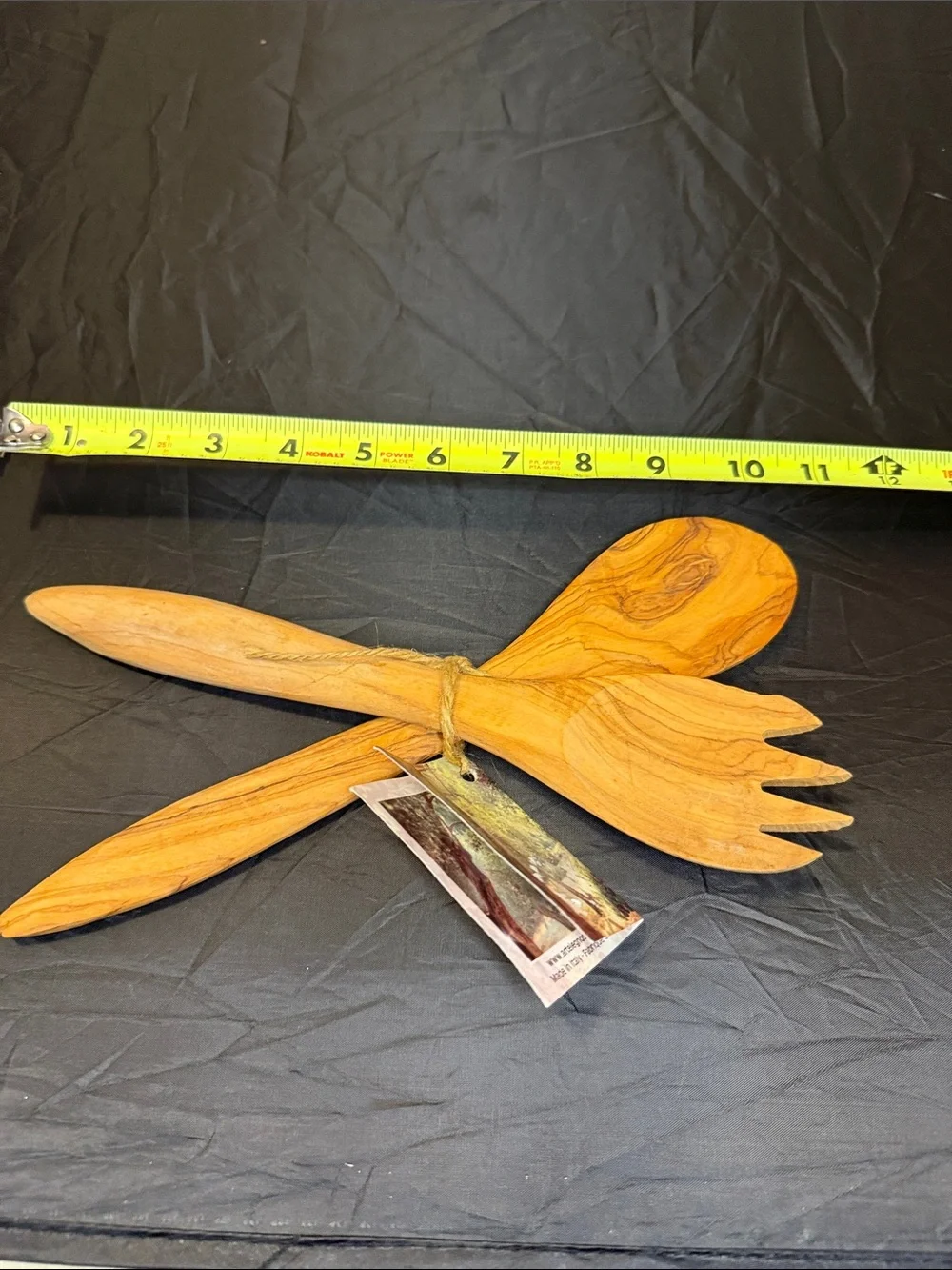 Olive Wood Salad Servers Set — Natural Brown raw edges.